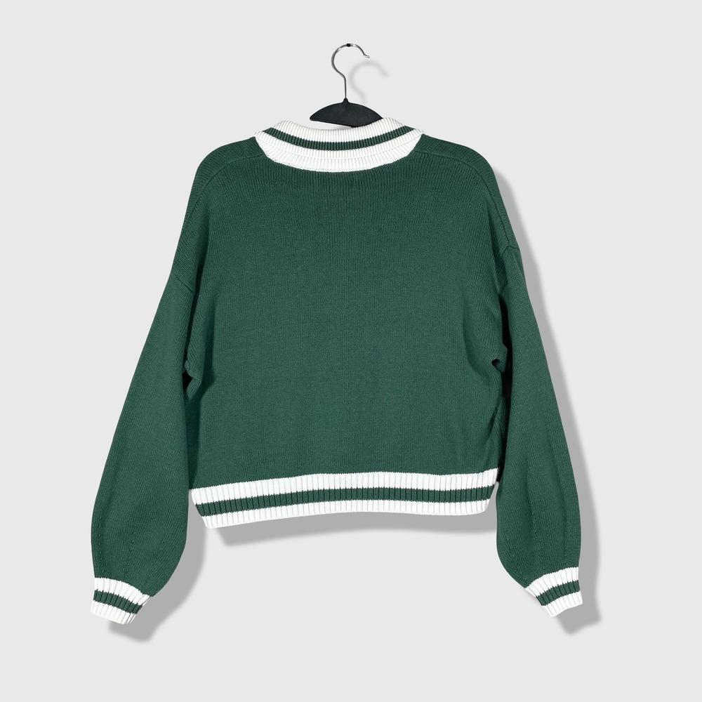 Hollister V-Neck Sweater Women S Green Collegiate Preppy Varsity Crop Pullover - Picture 5 of 8